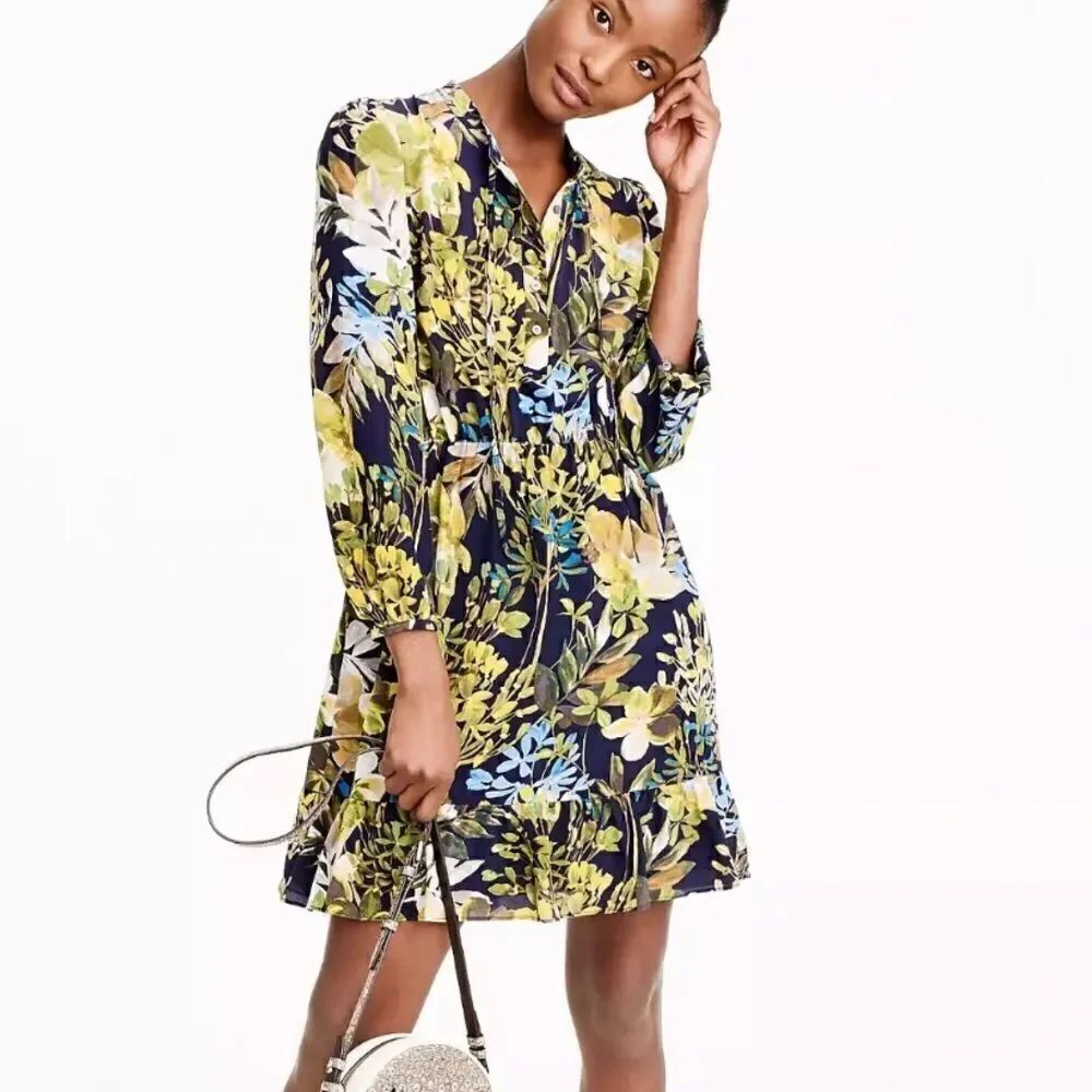 J.Crew 100% Silk Watercolor Floral Ruffle A-Line Dress Pockets size S